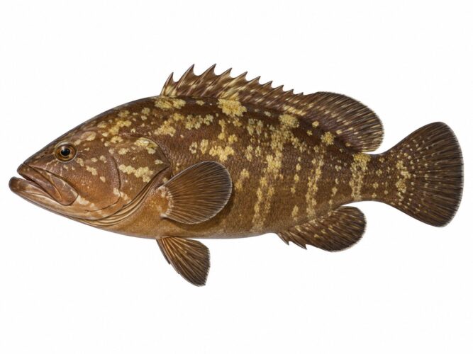 Cernia bruna Epinephelus marginatus con macchie chiare irregolari sul corpo bruno