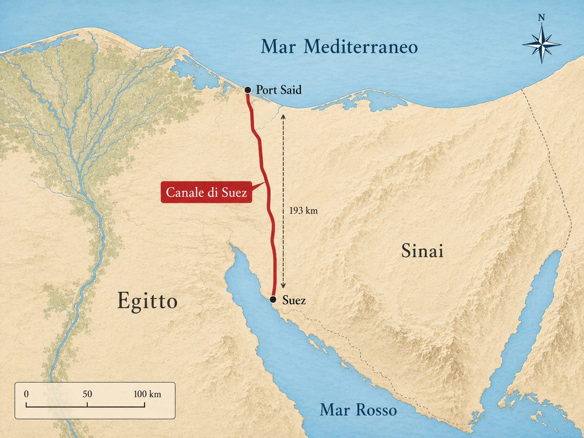 Mappa del Canale di Suez tra Mar Rosso e Mediterraneo