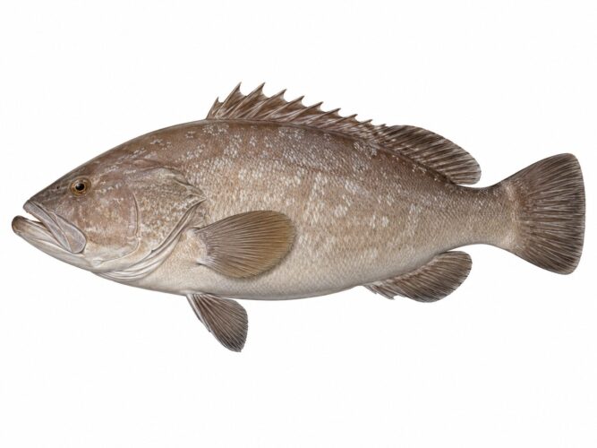 Cernia bianca Epinephelus aeneus con linee chiare oblique sulla guancia