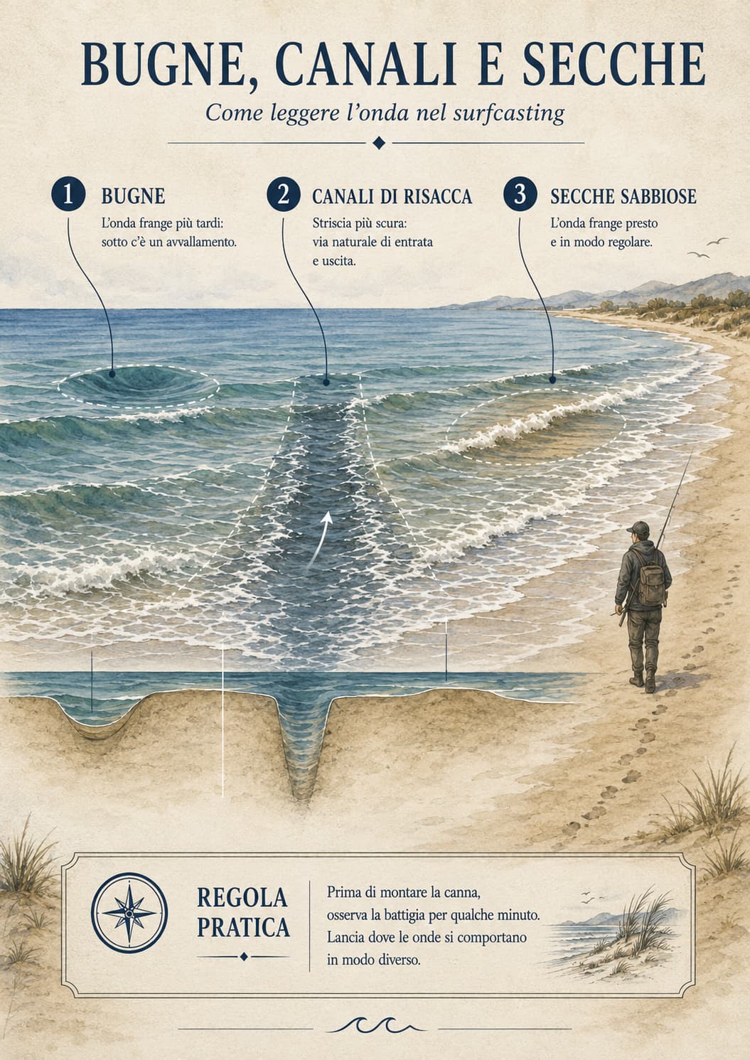 Schema di lettura della spiaggia con bugne e canali di risacca