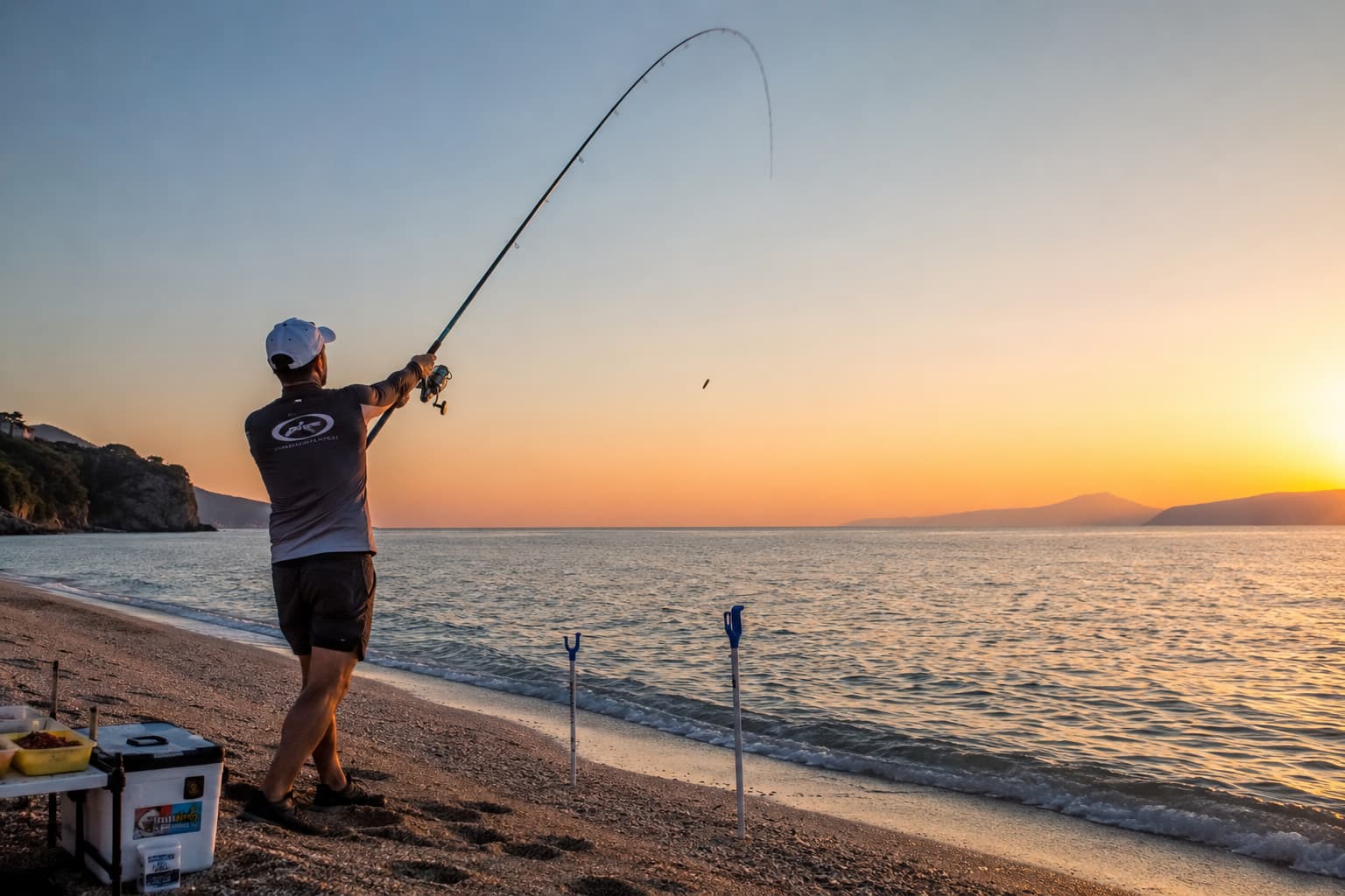 Alba in spiaggia durante una sessione di surfcasting