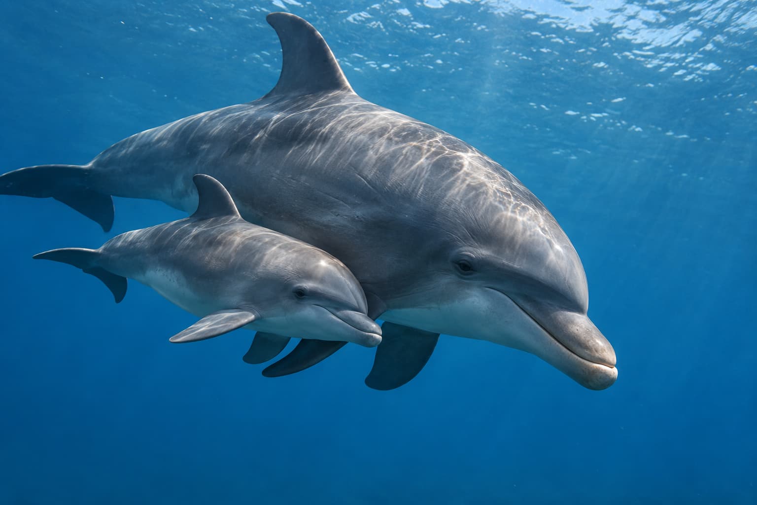 Madre tursiope che nuota con il proprio cucciolo